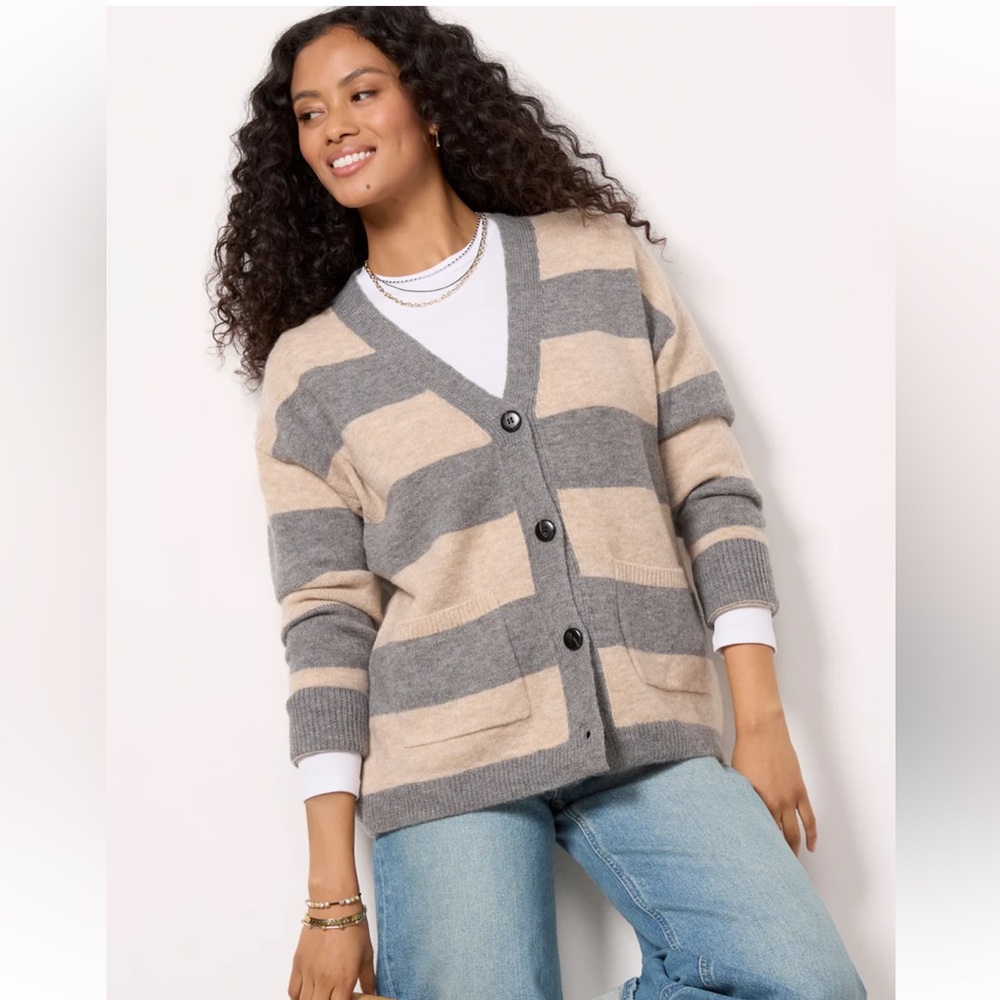 John + Jenn Poppy Gray and Tan Striped Cardigan